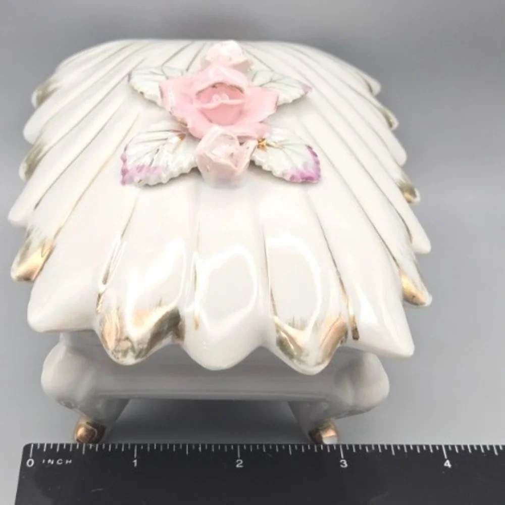 Vintage 1960s Porcelain Trinket Box Shell Hand Painted Rose Design Made in Japan